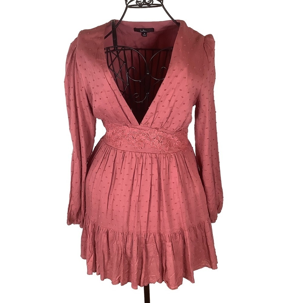 Lulus Charming Approach Dusty Rose Swiss Dot Mini Dress Size M Boho Romantic